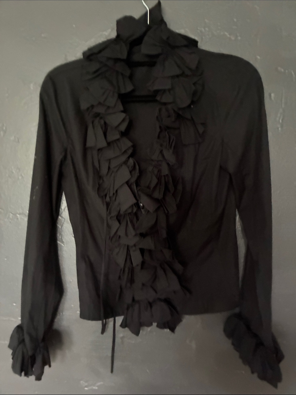 Anne Fontaine Black Ruffled Front Long-Sleeve Top